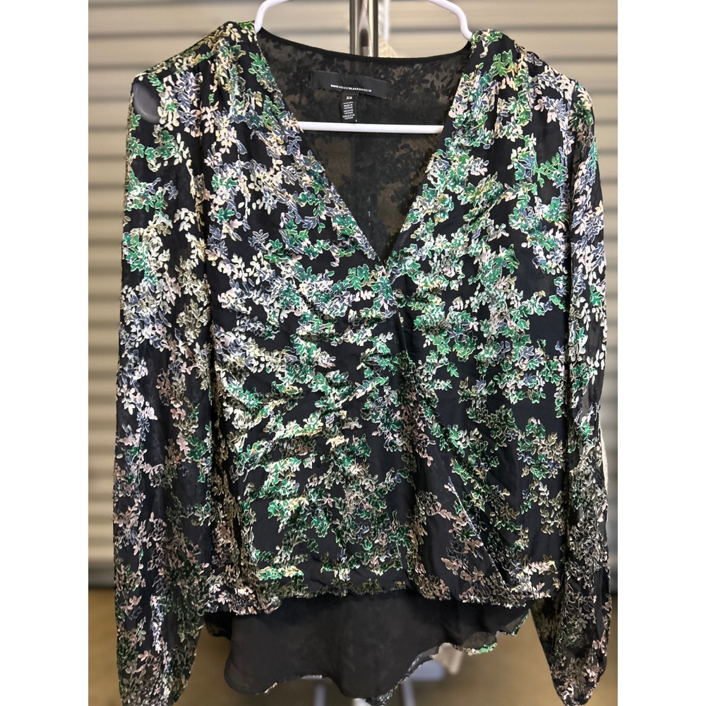 White House Black Market Blouse Women XS Black Green Silk Blend Floral Surplice